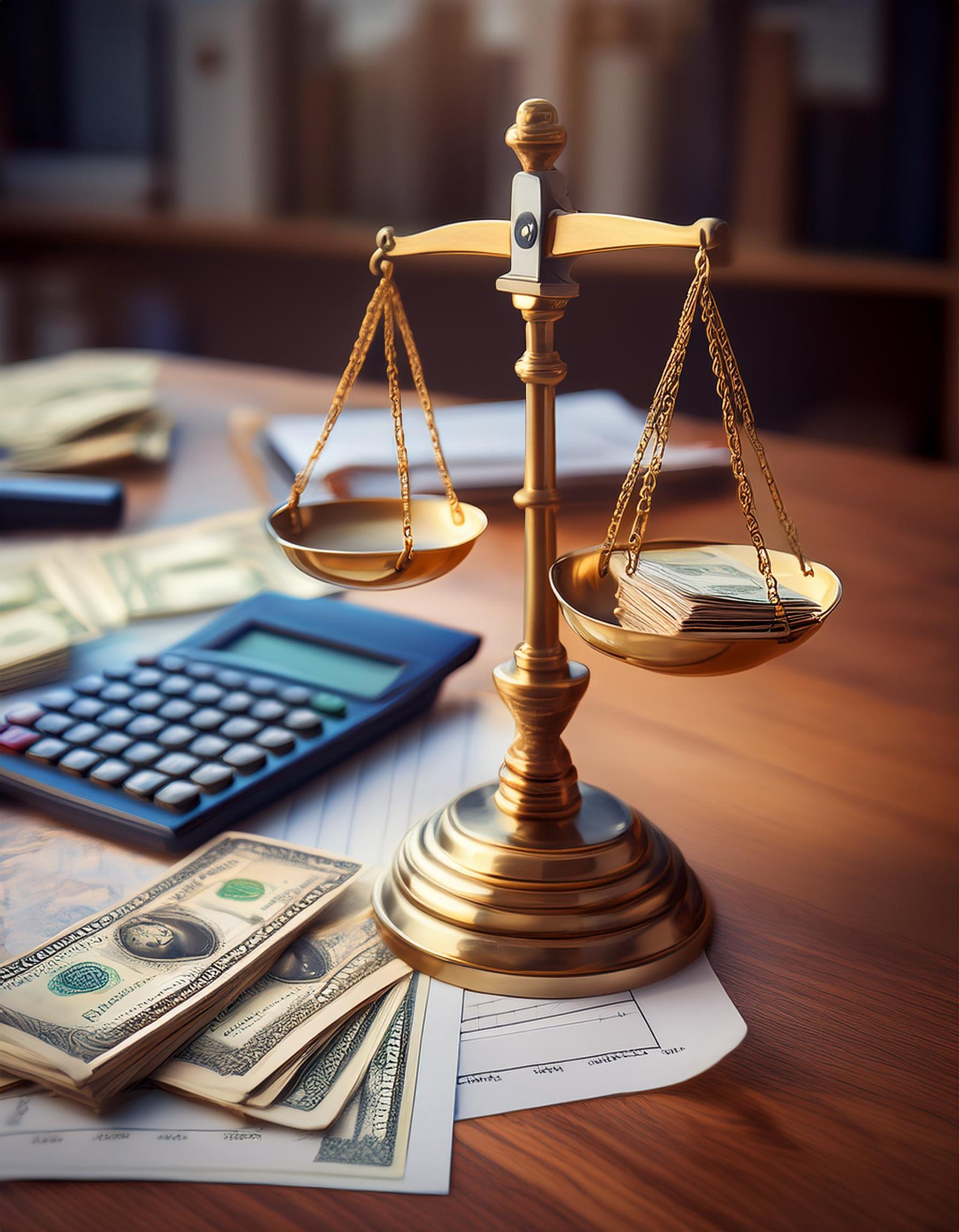 Firefly una calculadora con una balanza sobre un escritorio con papeles y dinero enscima 91707