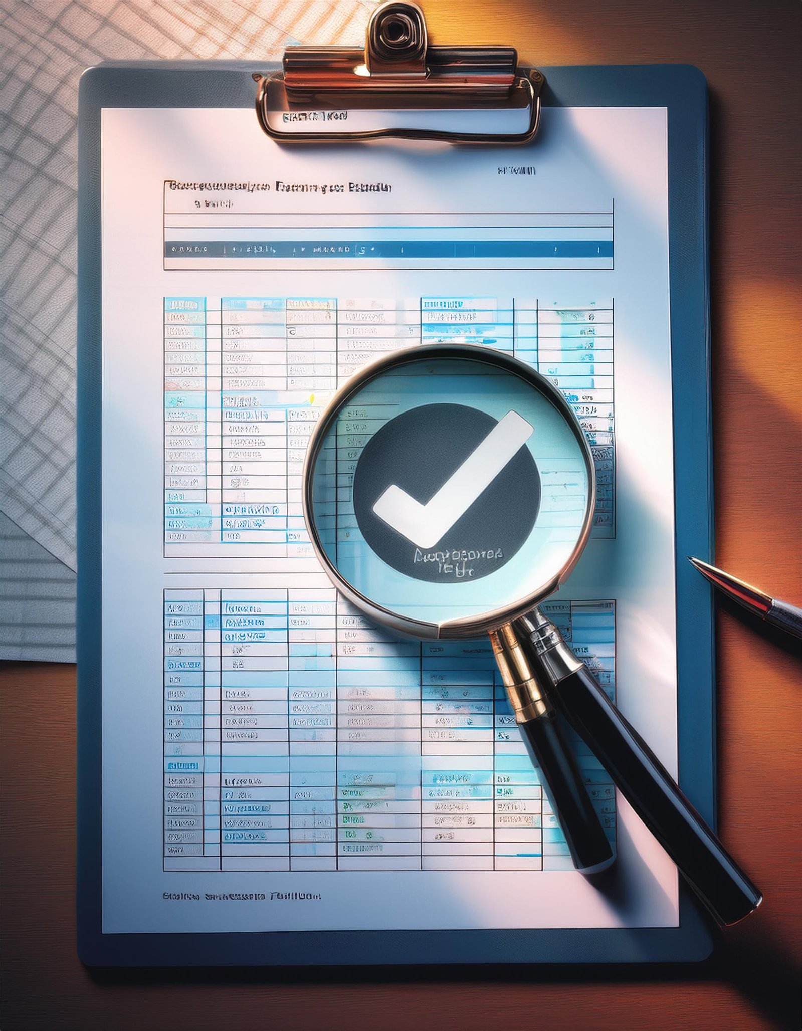 Firefly una planilla con un papel con tareas realizadas y un visto aprovado, con una lupa encima de